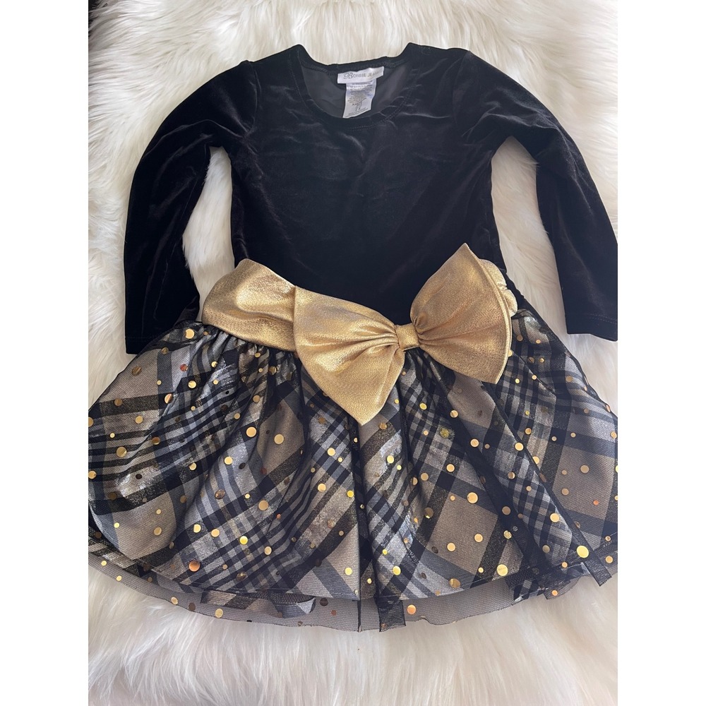 BONNIE JEAN Girls Holidays Black Velour Gold Skirt Formal DRESS Size 4 Used